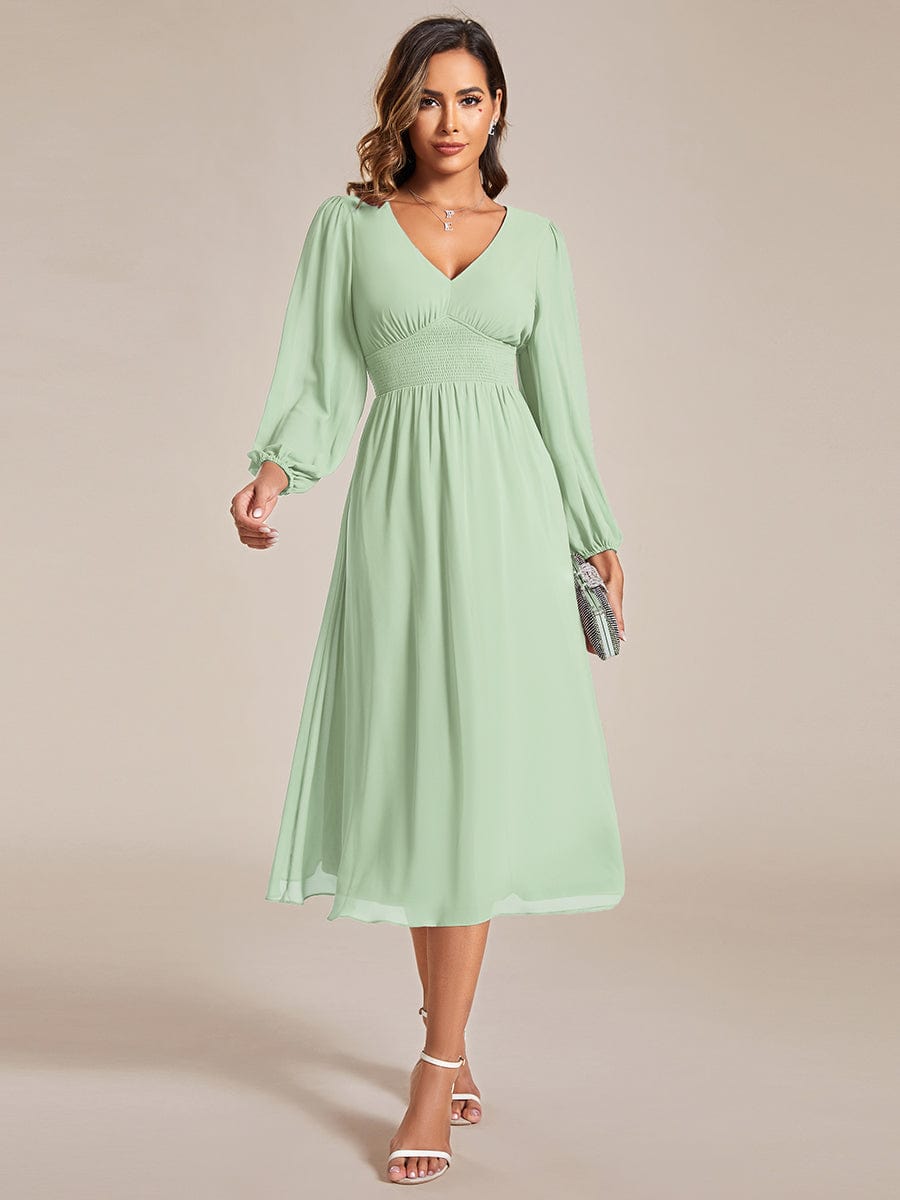Elegant V Neck Long Sleeves Midi Wedding Guest Dress #color_Mint Green