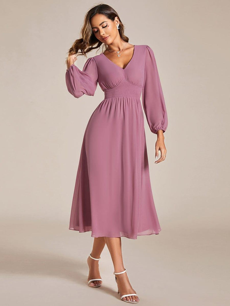 Elegant V Neck Midi Wedding Guest Dress