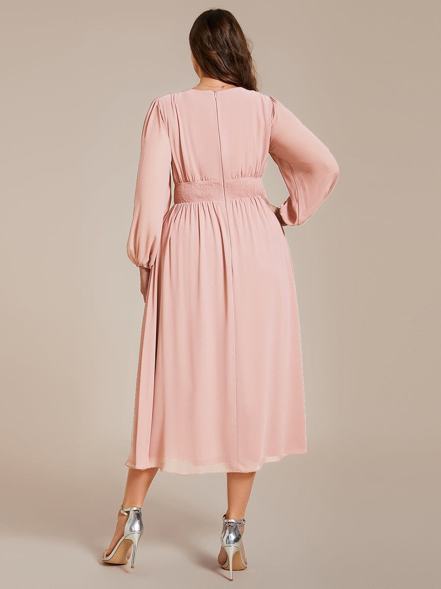 Plus Size Elegant V Neck Long Sleeves Midi Wedding Guest Dress #color_Pink