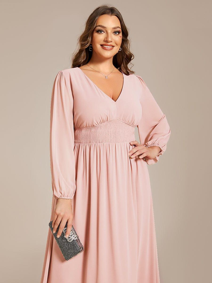 Plus Size Elegant V Neck Long Sleeves Midi Wedding Guest Dress #color_Pink