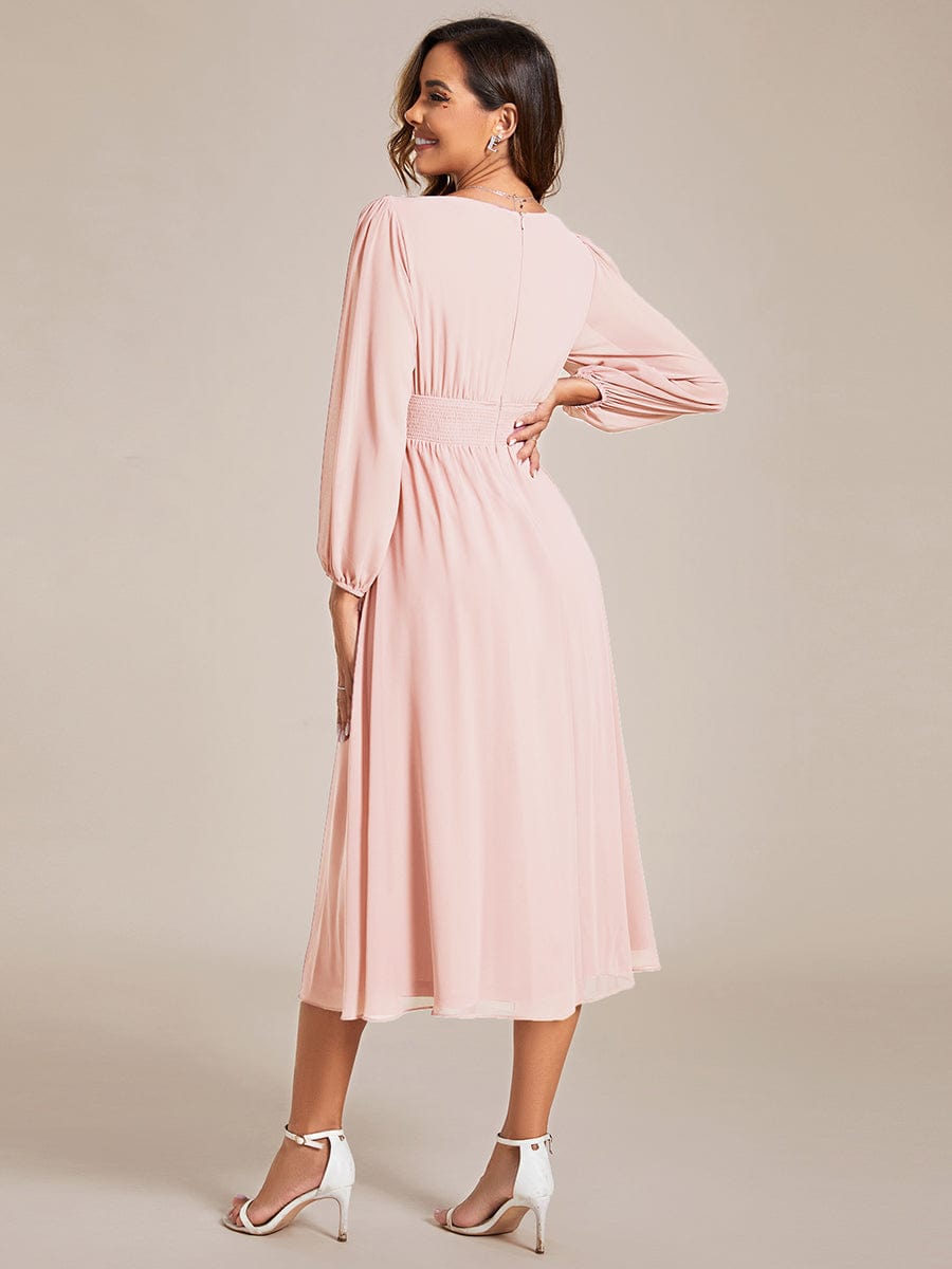 Elegant V Neck Long Sleeves Midi Wedding Guest Dress #color_Pink