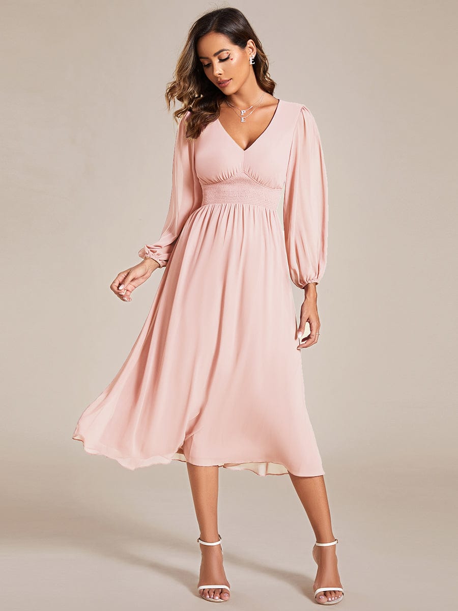 Elegant V Neck Long Sleeves Midi Wedding Guest Dress #color_Pink