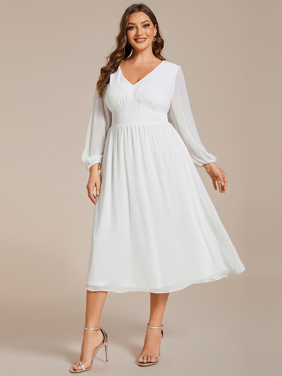 Plus Size Elegant V Neck Long Sleeves Midi Wedding Guest Dress #color_White