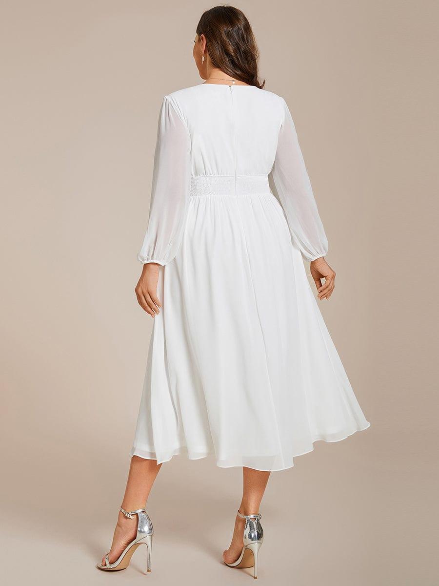 Plus Size Elegant V Neck Long Sleeves Midi Wedding Guest Dress #color_White
