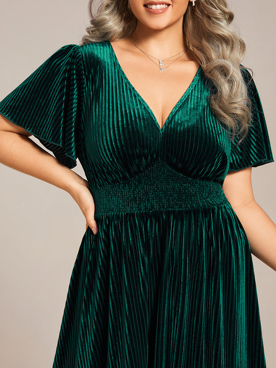 A-line V-neck Velvet Dress With Slit Champagne Plus Size
