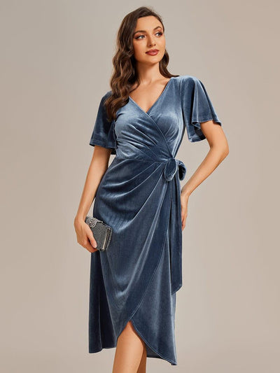 Charming Flutter Sleeves V-Neck Velvet Wedding Guest Dress #color_Dusty Blue