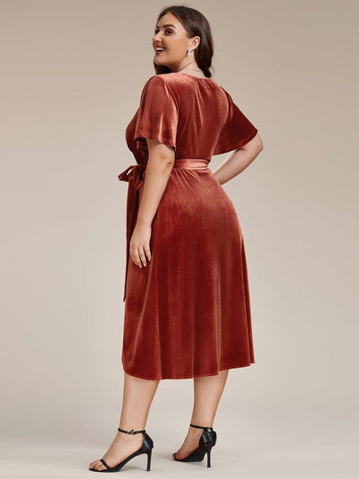 Plus Size Velvet Wedding Guest Dress with V-Neck and Flutter Sleeves #color_Brick Red
