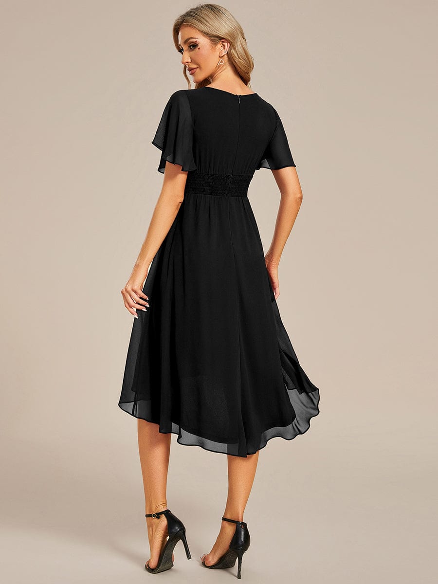 Flowy Chiffon Round Neckline A-Line Knee Length Wedding Guest Dress #color_Black