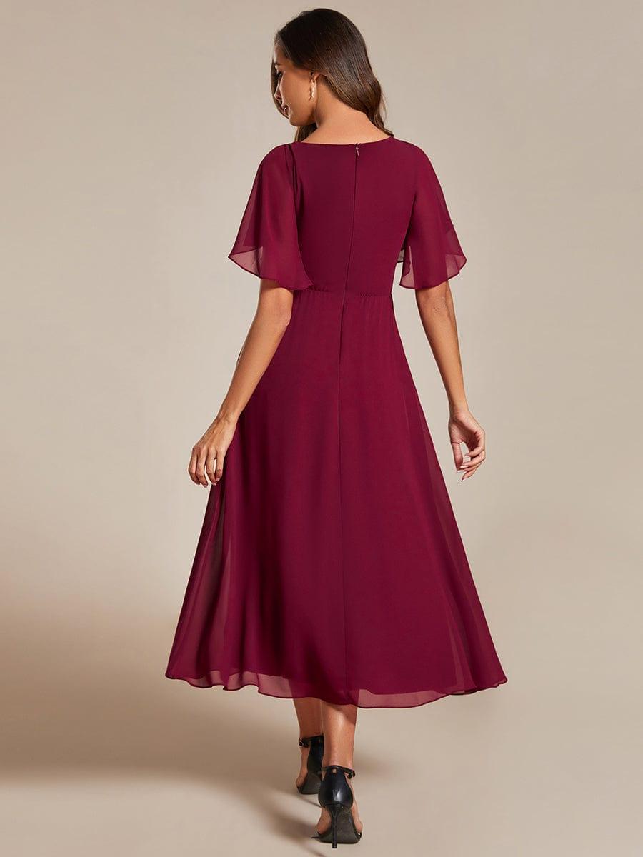 V-Neck Chiffon Wedding Guest Dress with Waist Applique #color_Burgundy