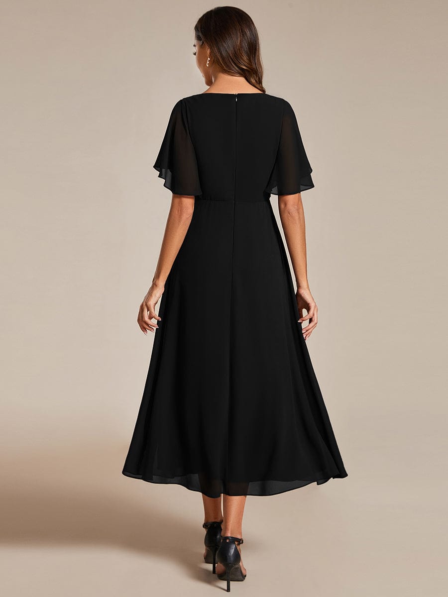 V-Neck Chiffon Wedding Guest Dress with Waist Applique #color_Black