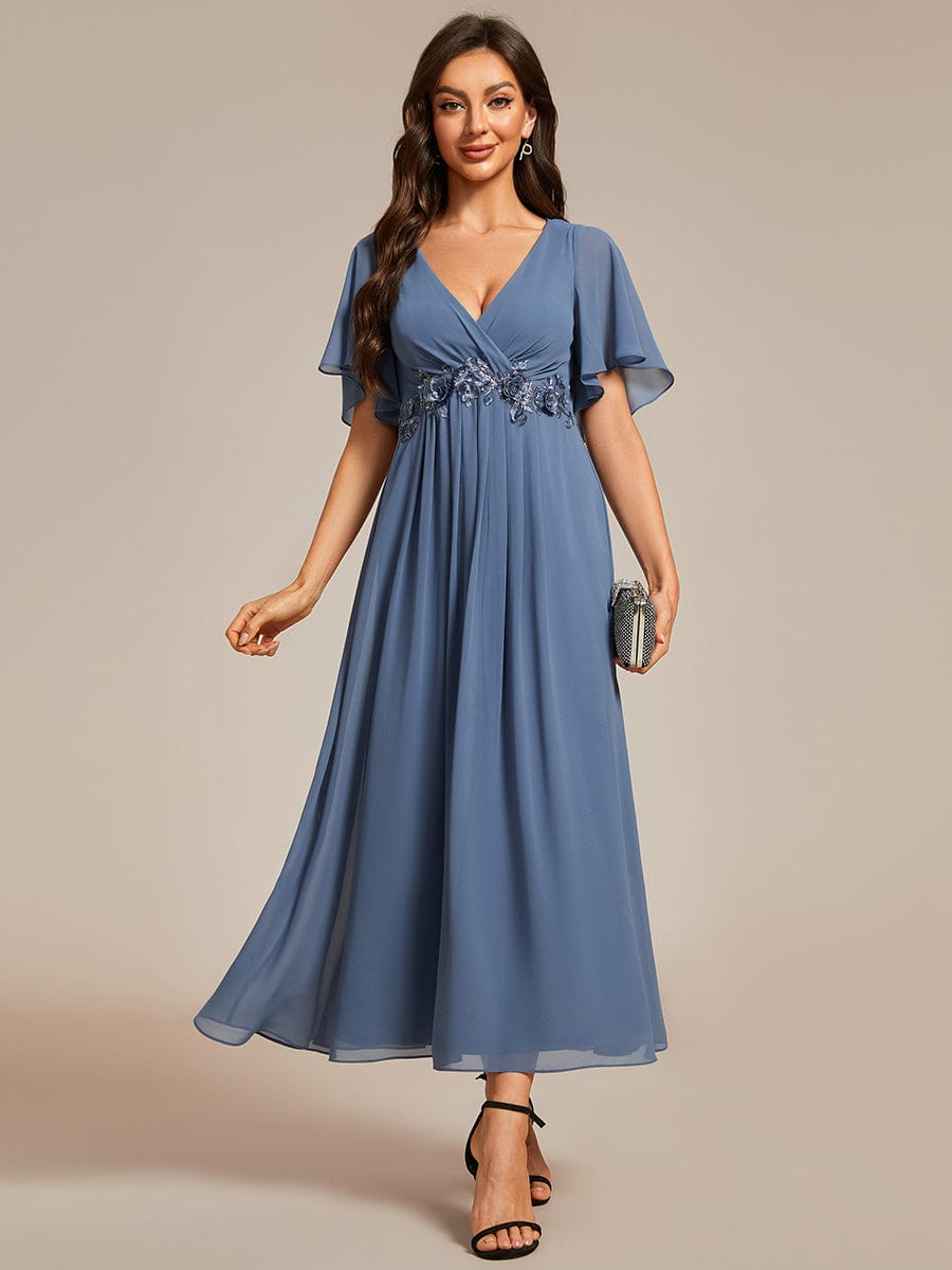 V-Neck Chiffon Wedding Guest Dress with Waist Applique #color_Dusty Navy