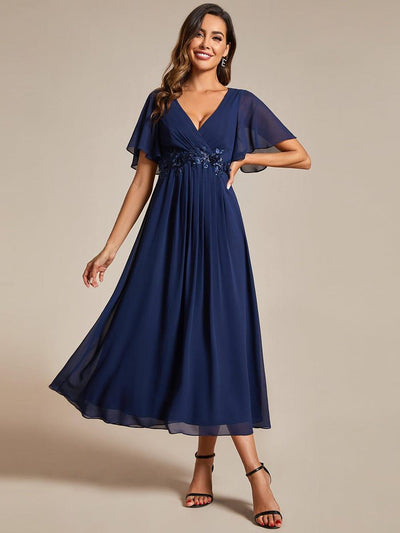 V-Neck Chiffon Wedding Guest Dress with Waist Applique #color_Navy Blue
