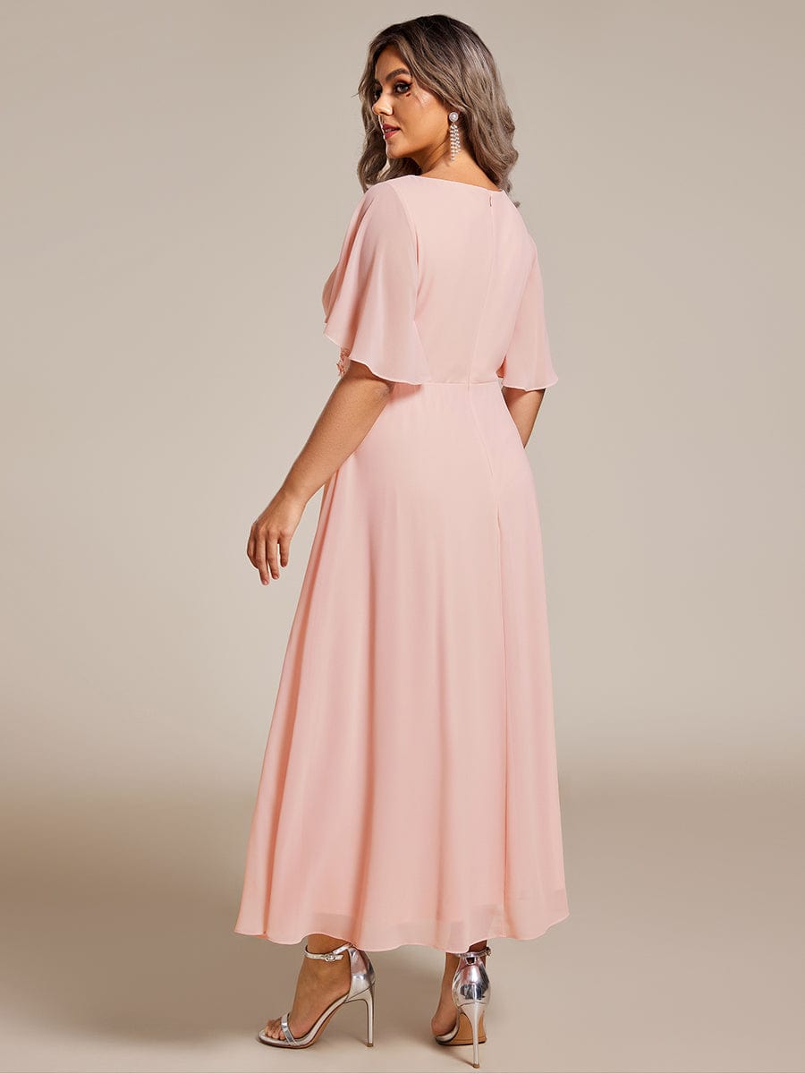 Plus Size V-Neck Chiffon Wedding Guest Dress with Waist Applique #color_Pink