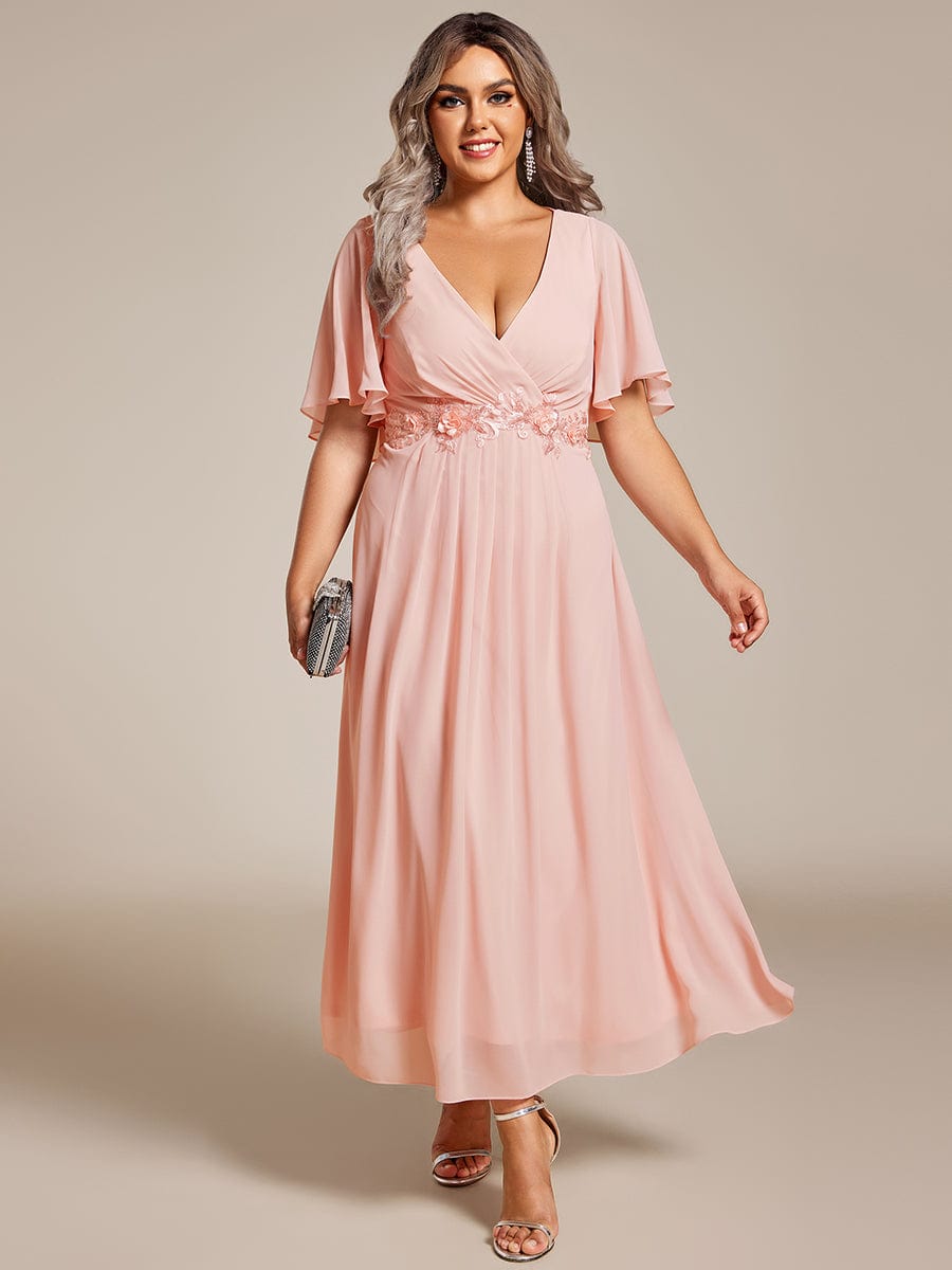 Plus Size V-Neck Chiffon Midi Wedding Guest Dress with Waist Applique