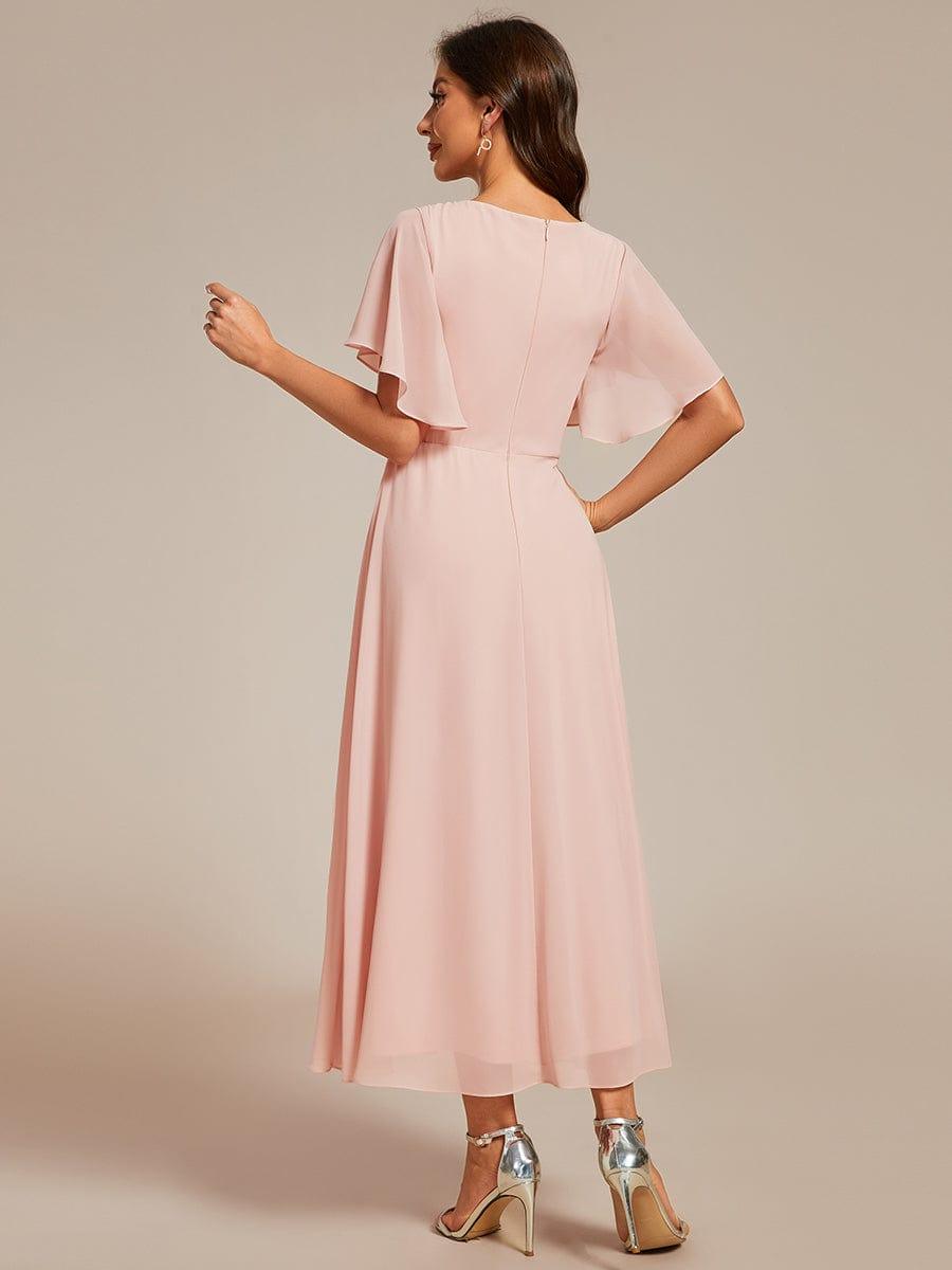 V-Neck Chiffon Wedding Guest Dress with Waist Applique #color_Pink