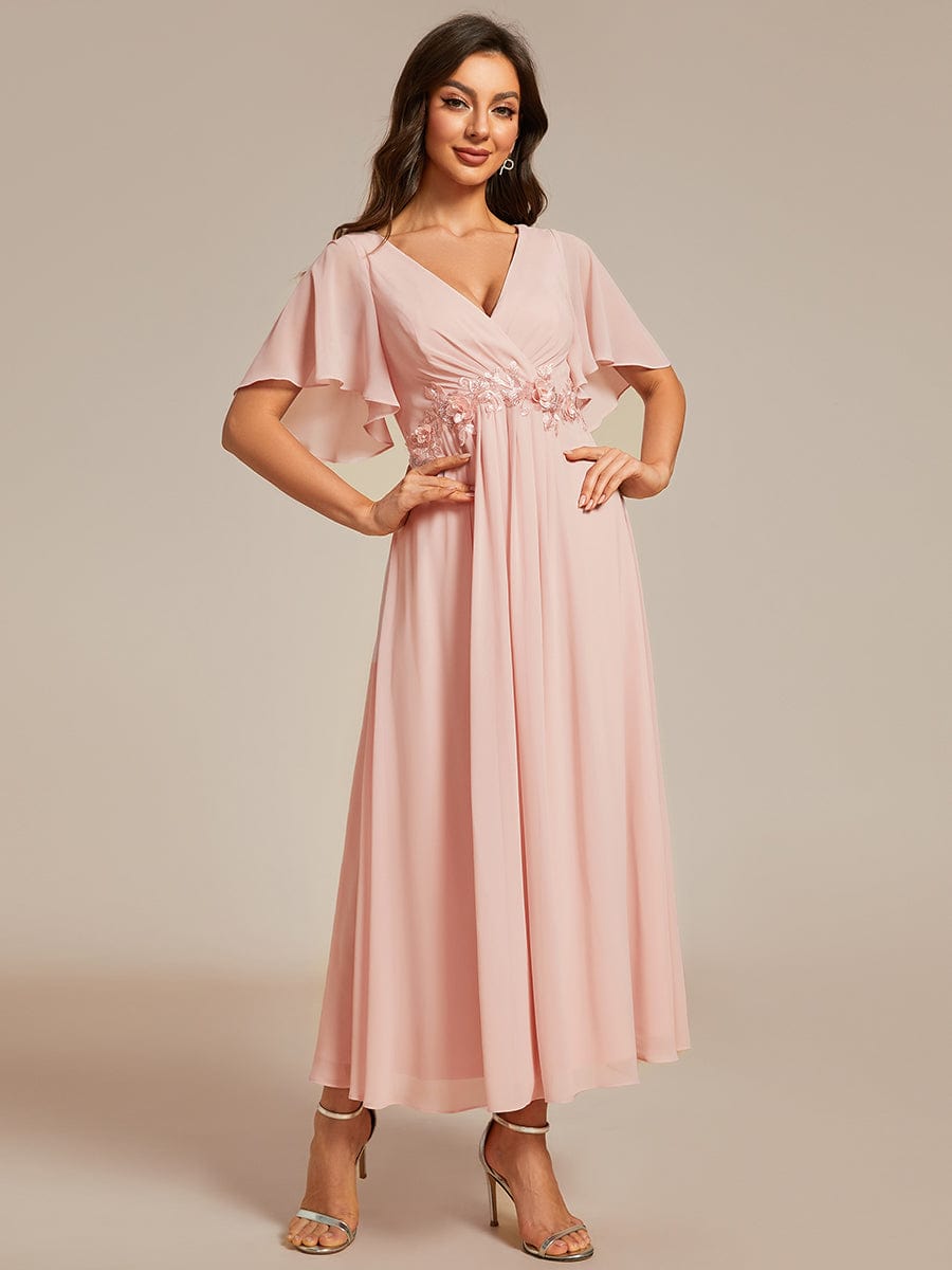 V-Neck Chiffon Wedding Guest Dress with Waist Applique #color_Pink