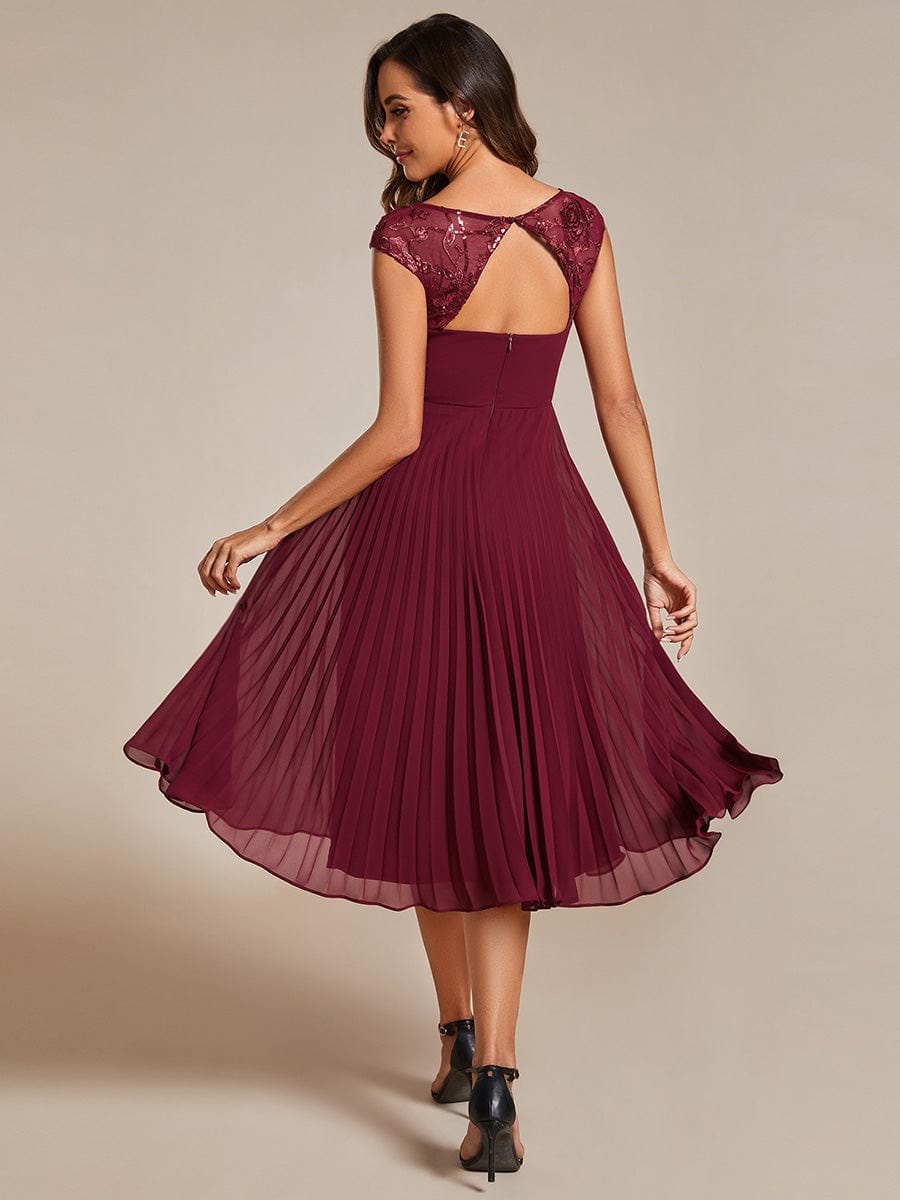Sleeveless Chiffon A-Line Wedding Guest Dress with Pleats and Round Neckline #color_Burgundy