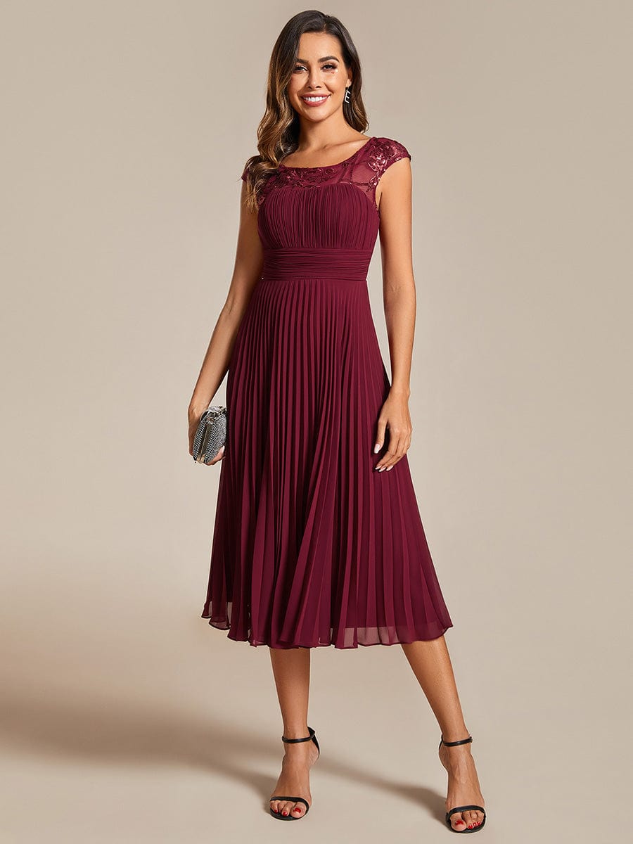 Sleeveless Chiffon A-Line Wedding Guest Dress with Pleats and Round Neckline #color_Burgundy