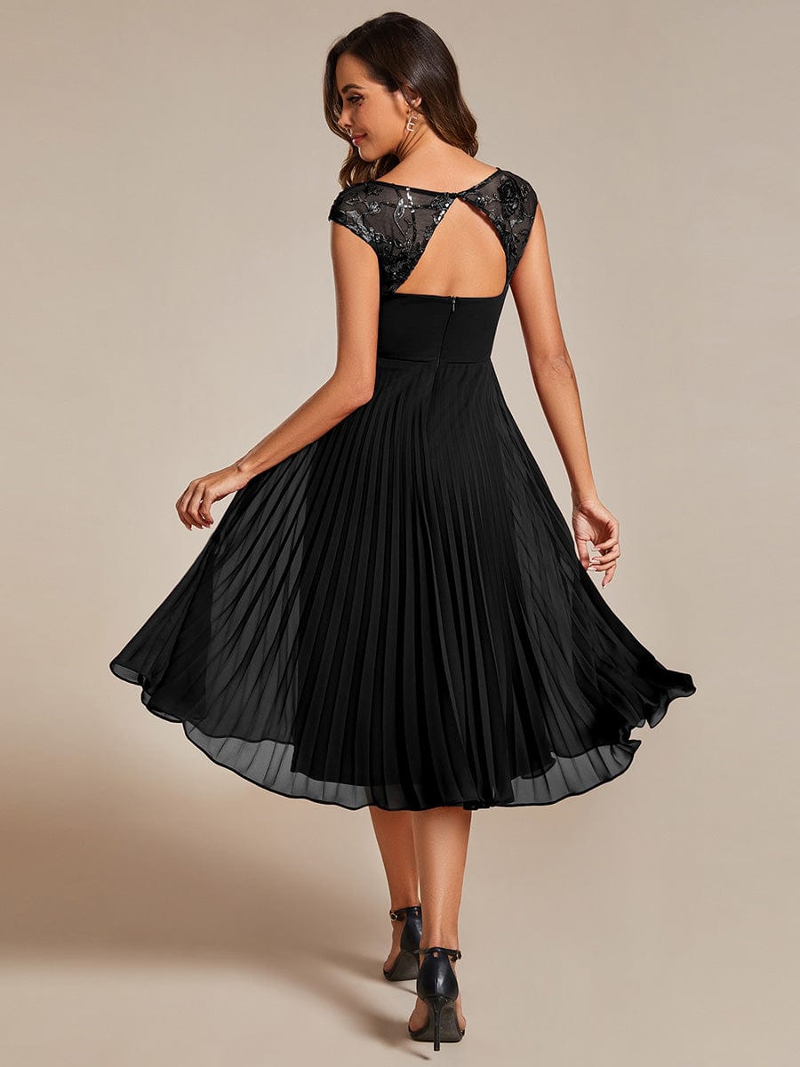 Sleeveless Chiffon A-Line Wedding Guest Dress with Pleats and Round Neckline #color_Black