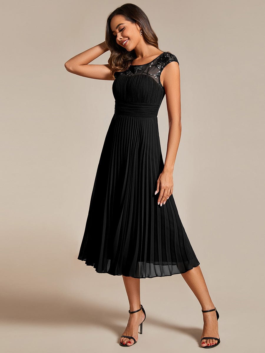 Sleeveless Chiffon A-Line Wedding Guest Dress with Pleats and Round Neckline #color_Black