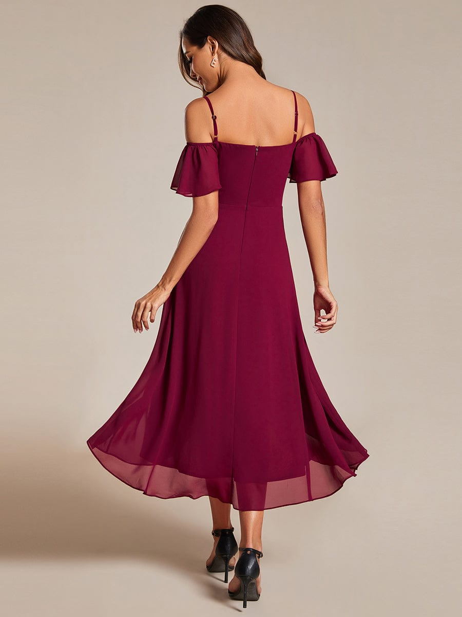 One-Shoulder High-Low Chiffon Wedding Guest Dresses with Short Sleeves #color_Burgundy