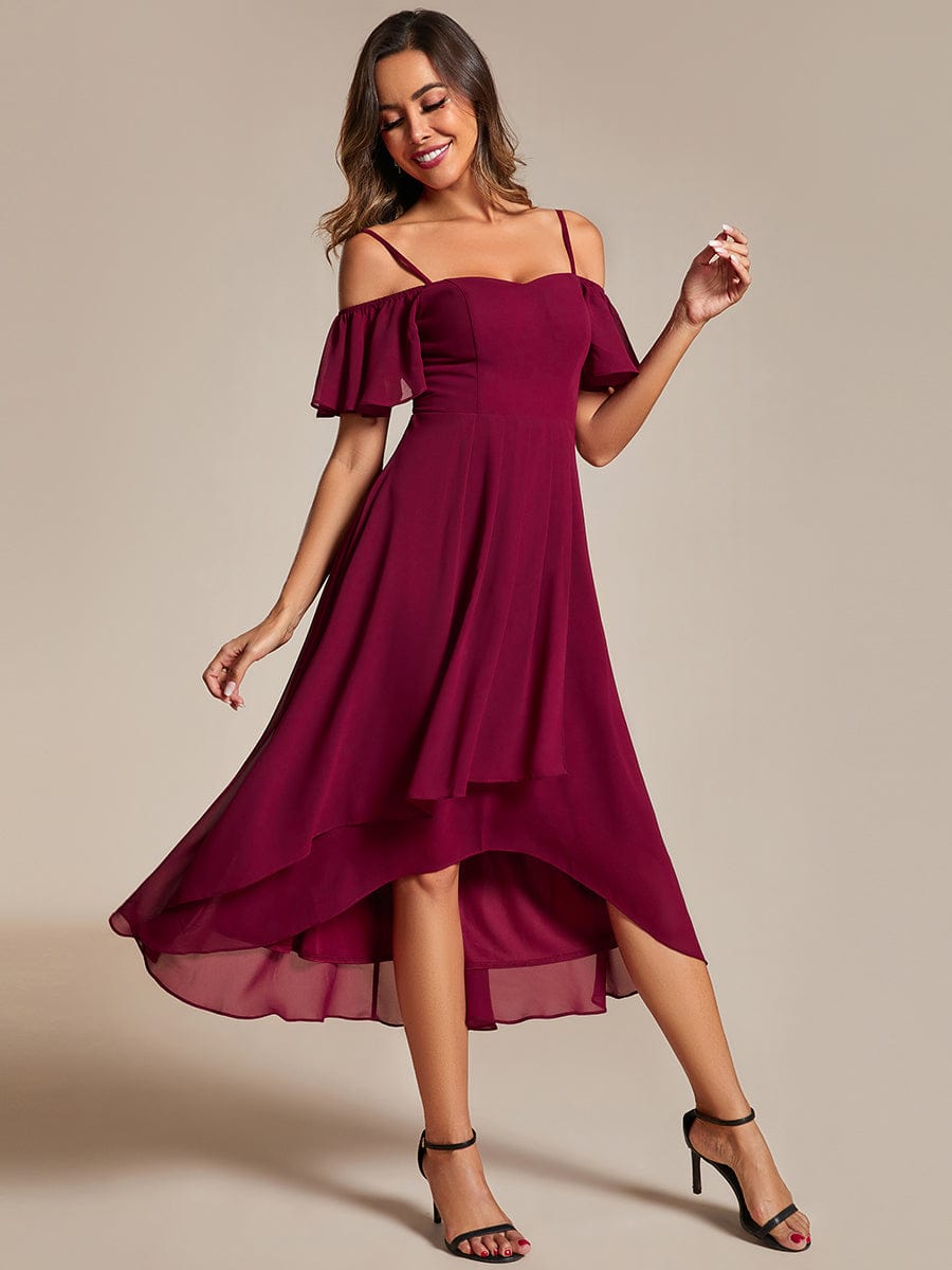 One-Shoulder High-Low Chiffon Wedding Guest Dresses with Short Sleeves #color_Burgundy