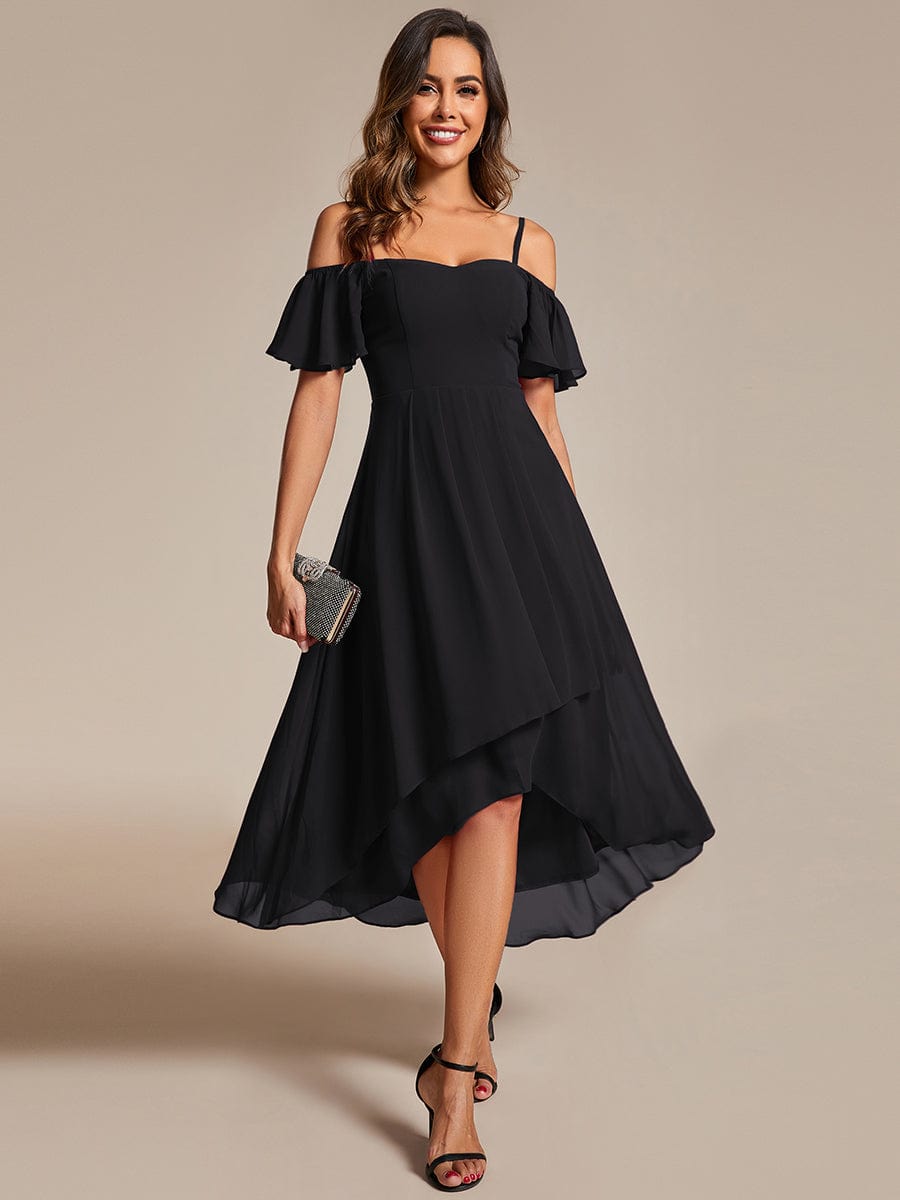One-Shoulder High-Low Chiffon Wedding Guest Dresses with Short Sleeves #color_Black