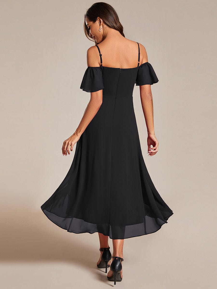 One-Shoulder High-Low Chiffon Wedding Guest Dresses with Short Sleeves #color_Black