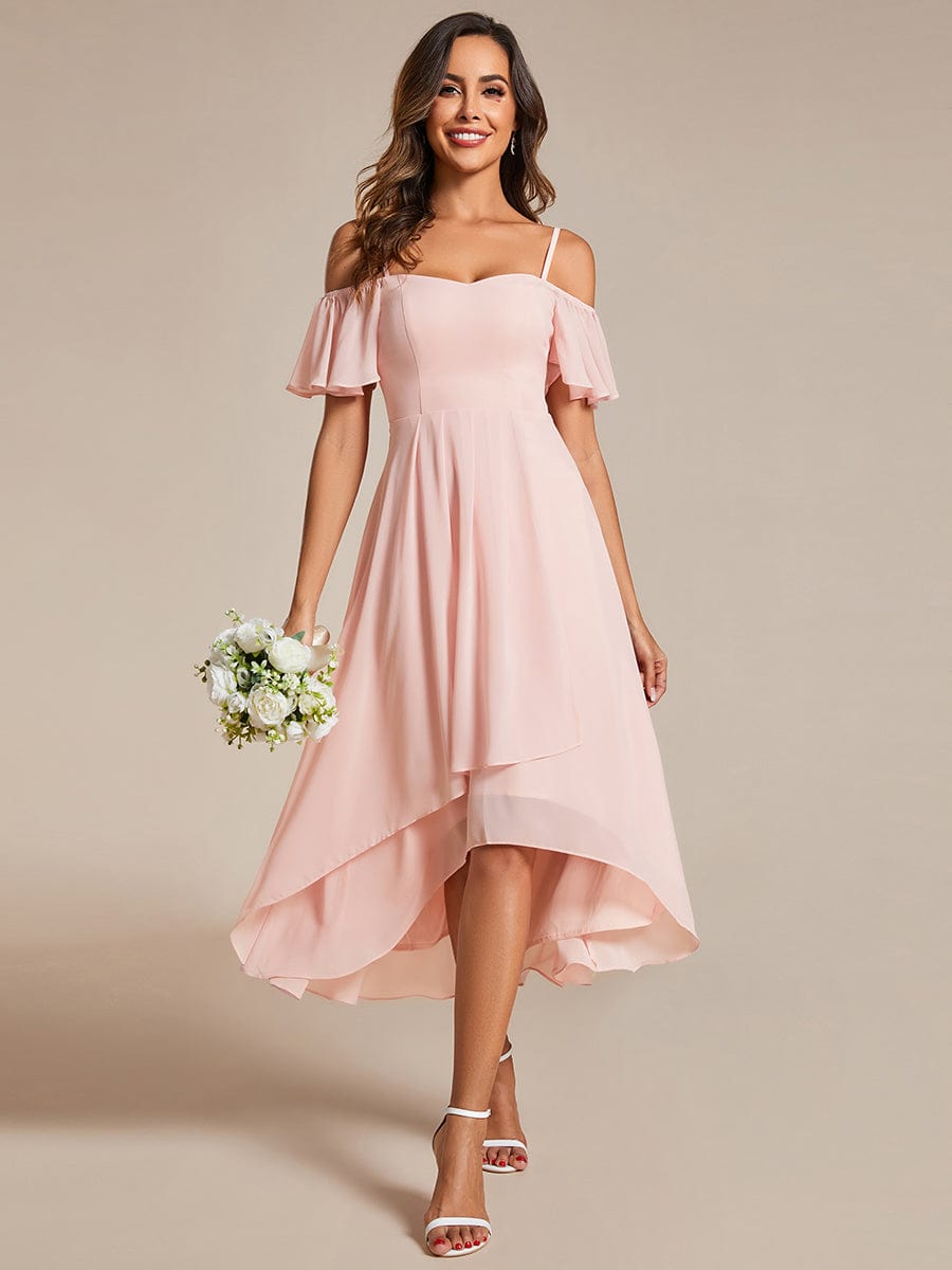 One-Shoulder High-Low Chiffon Wedding Guest Dresses with Short Sleeves #color_Pink