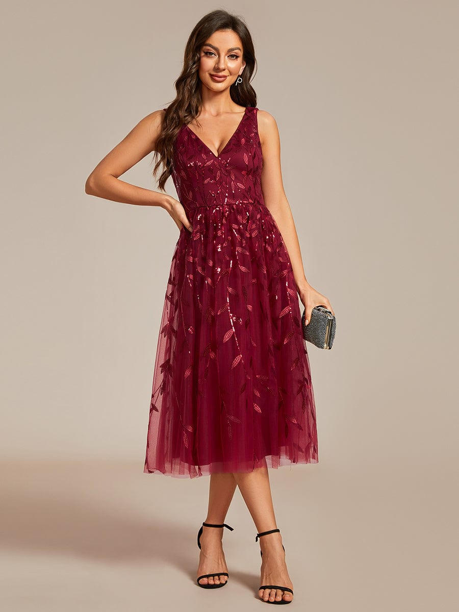 Sequined V-Neck A-Line Midi Wedding Guest Dress with Sleeveless #color_Burgundy