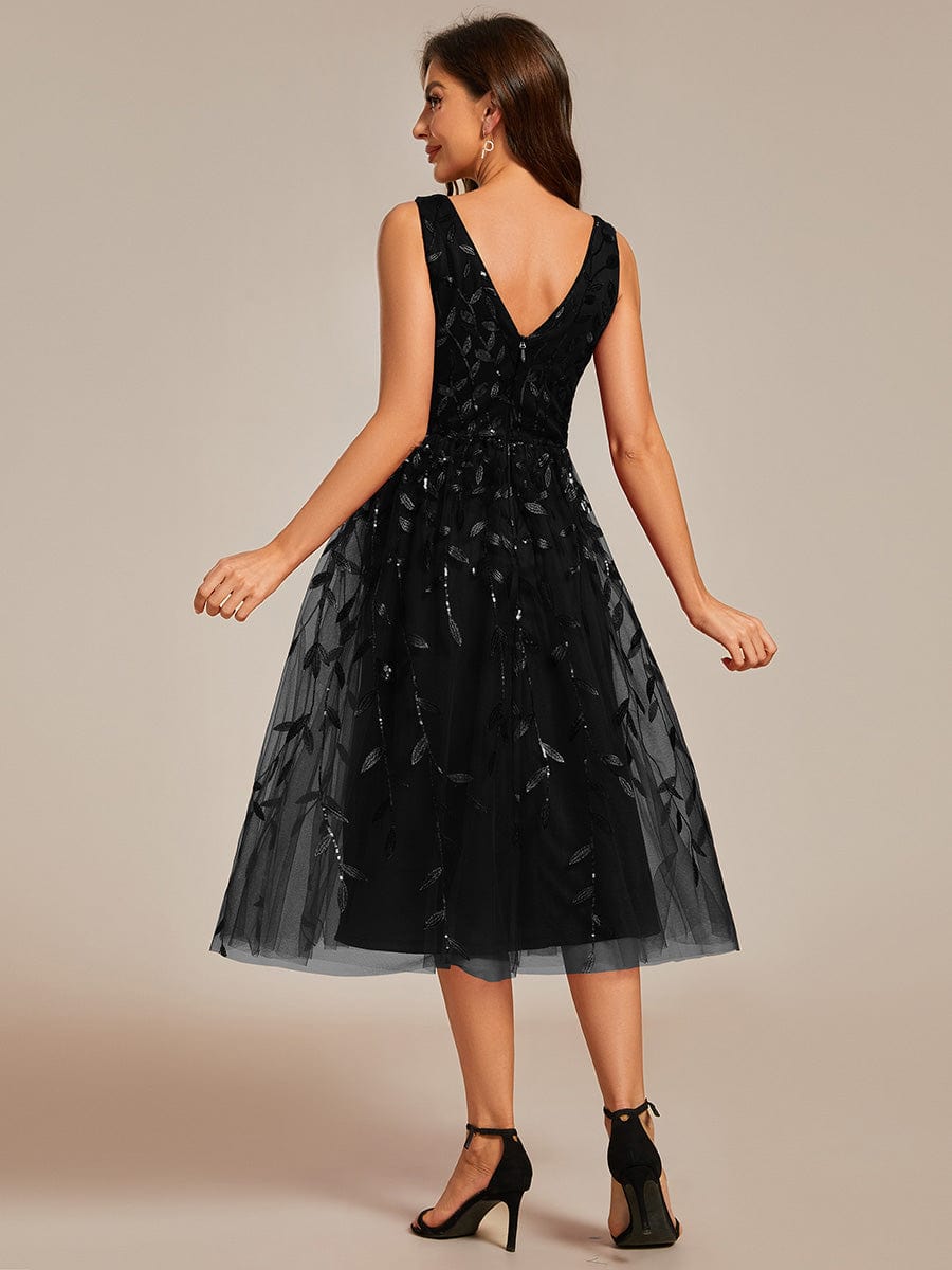 Sequined V-Neck A-Line Midi Wedding Guest Dress with Sleeveless #color_Black