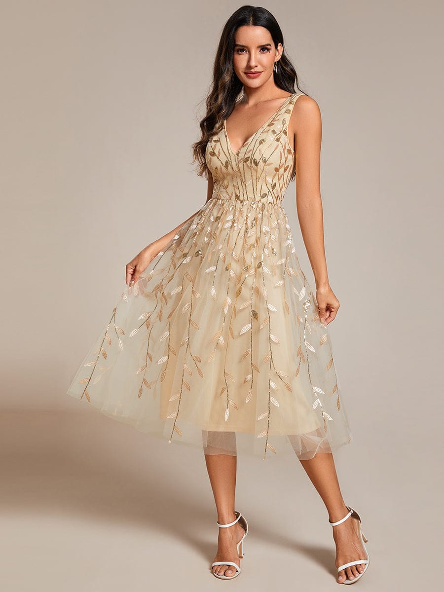 Sequined V-Neck A-Line Midi Wedding Guest Dress with Sleeveless #color_Gold