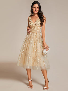 Sequined V-Neck A-Line Midi Wedding Guest Dress with Sleeveless