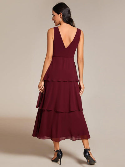 Layered hem V-Neck Sleeveless A-Line Chiffon Wedding Guest Dress #color_Burgundy