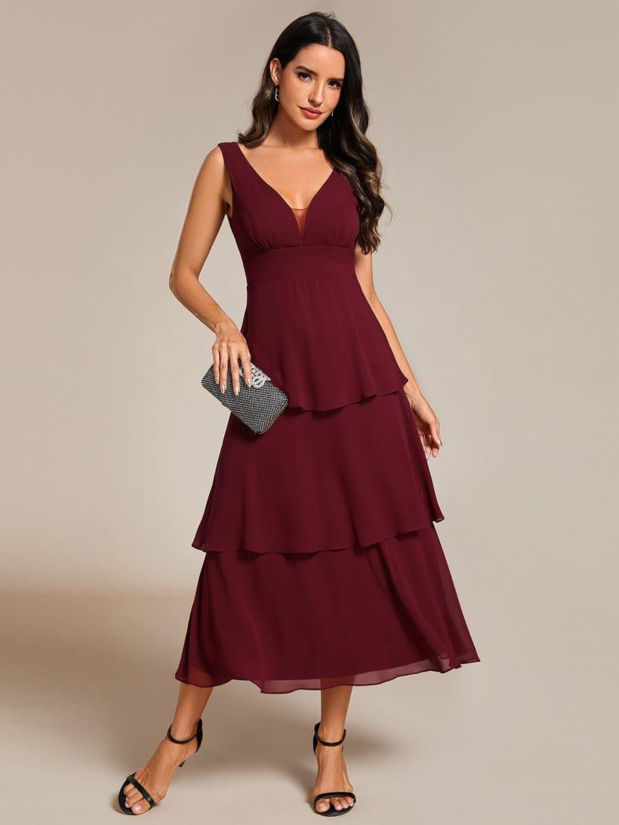 Layered hem V-Neck Sleeveless A-Line Chiffon Wedding Guest Dress #color_Burgundy