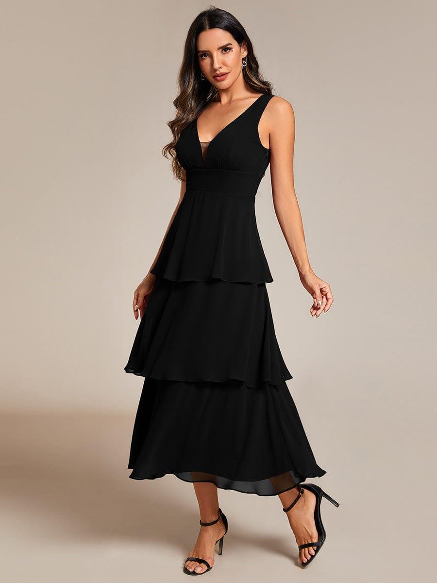 Layered hem V-Neck Sleeveless A-Line Chiffon Wedding Guest Dress #color_Black