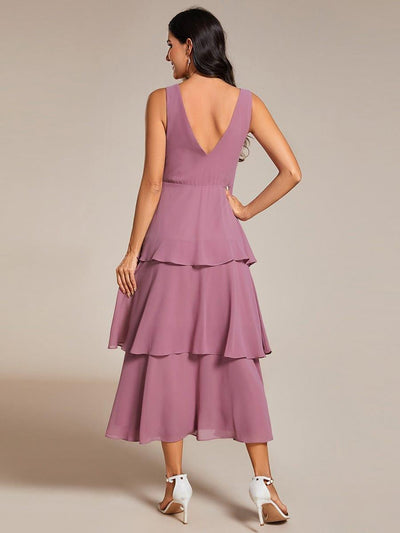 Layered hem V-Neck Sleeveless A-Line Chiffon Wedding Guest Dress #color_Purple Orchid