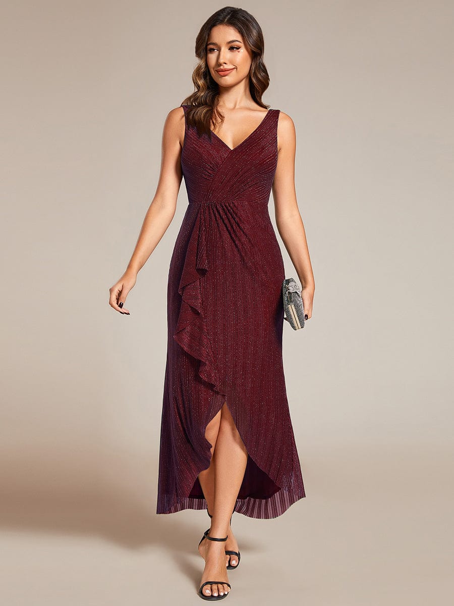 Sleeveless High-Low Fishtail Wedding Guest Dress with Lotus Leaf #color_Burgundy