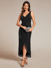 Sleeveless High-Low Fishtail Wedding Guest Dress with Lotus Leaf #color_Black