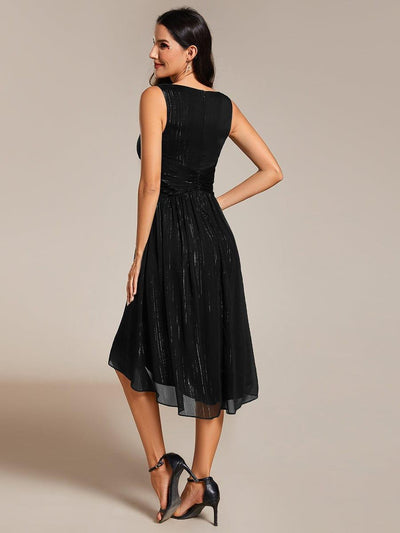 Glitter High-Low  Waist Pleated Sleeveless Wedding Guest Dress #color_Black