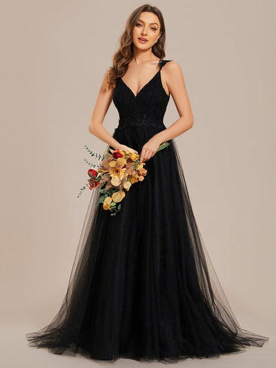 Double V Neck Lace Bodice Floor Length Tulle Wedding Dress #color_Black