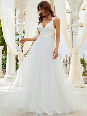 Custom Size Double V Neck Lace Bodice Floor Length Tulle Wedding Dress
