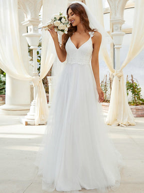 Custom Size Double V Neck Lace Bodice Floor Length Tulle Wedding Dress