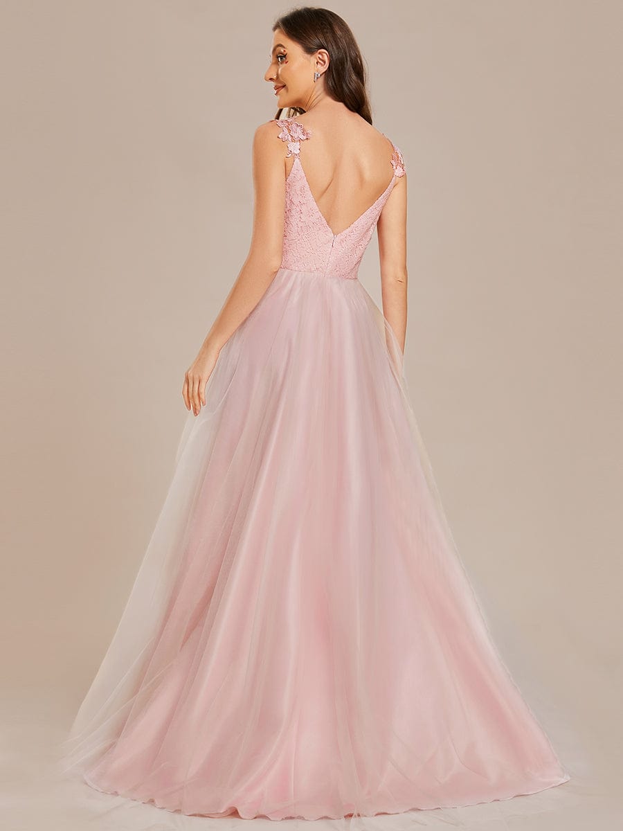 Double V Neck Lace Bodice Floor Length Tulle Wedding Dress