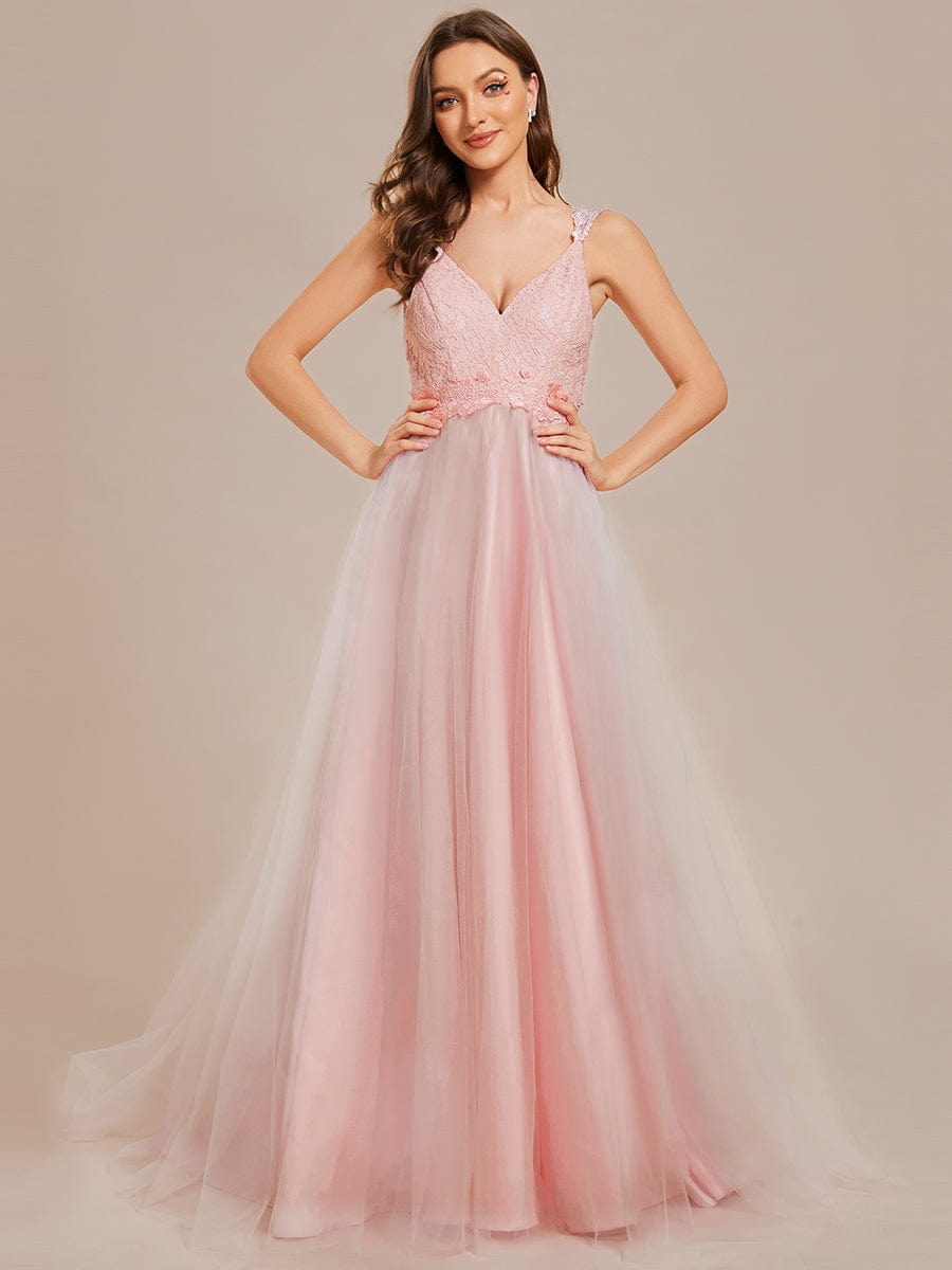 Double V Neck Lace Bodice Floor Length Tulle Wedding Dress #color_Pink