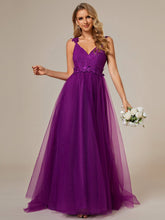 Double V Neck Lace Bodice Floor Length Tulle Wedding Dress #color_Purple Wisteria