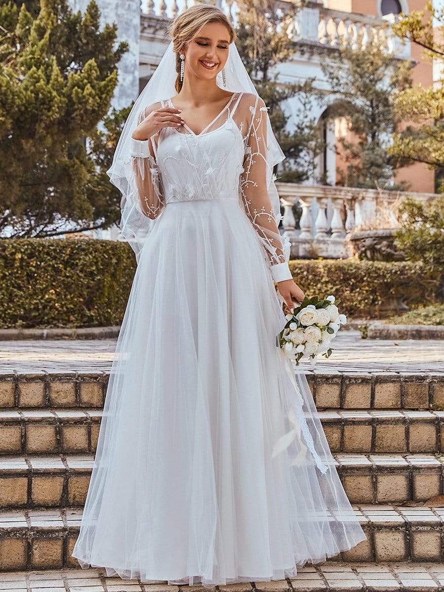 Romantic A-Line Tulle Wedding Dress With Lace Decoration #color_Cream