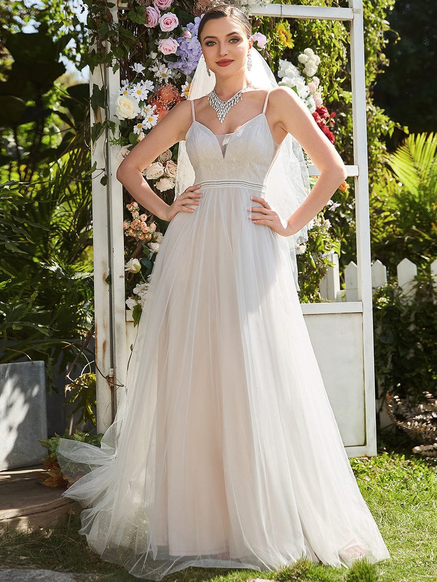 Spaghetti Strap Embroidered Deep V A-Line Wedding Dress #color_Ivory Yellow 