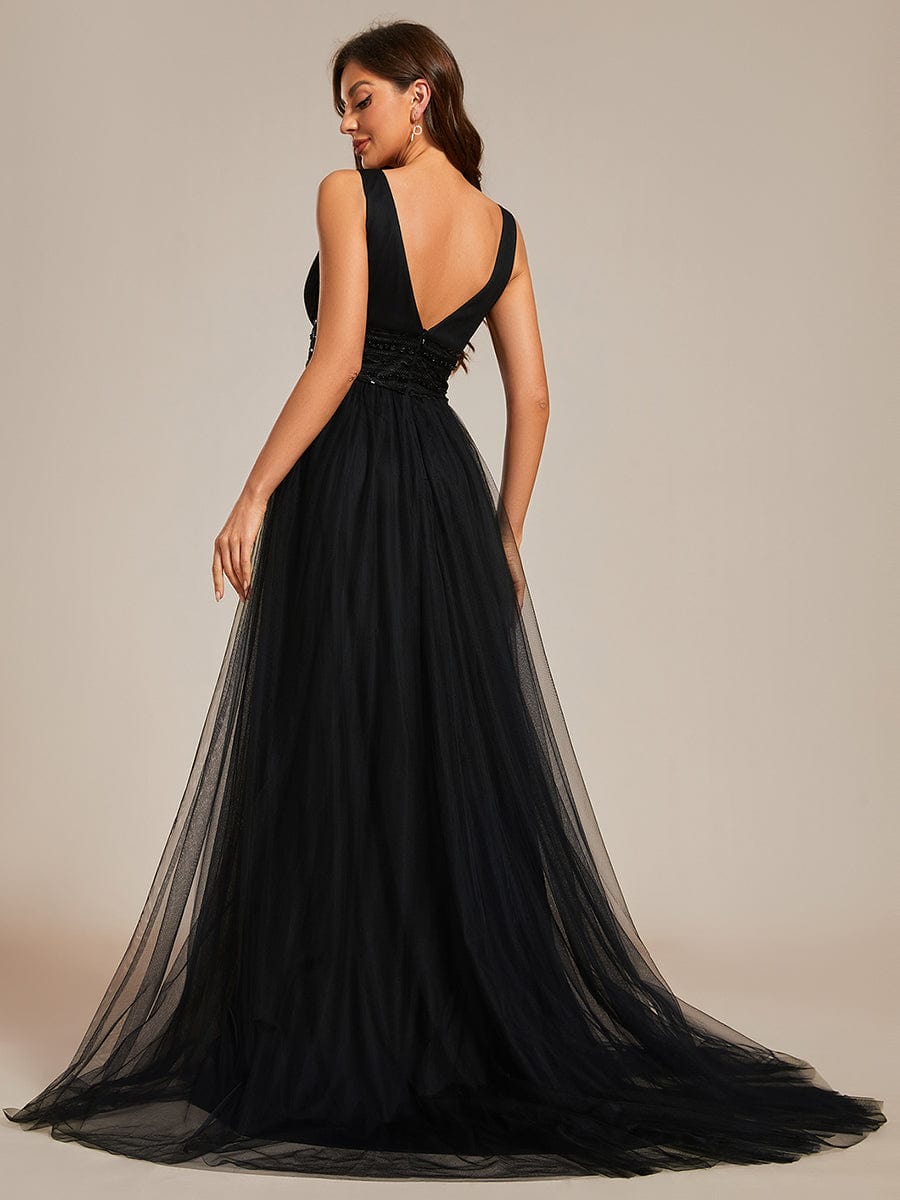 Sleeveless Deep V Low Back Long Wedding Dress #color_Black