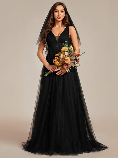 Sleeveless Deep V Low Back Long Wedding Dress #color_Black